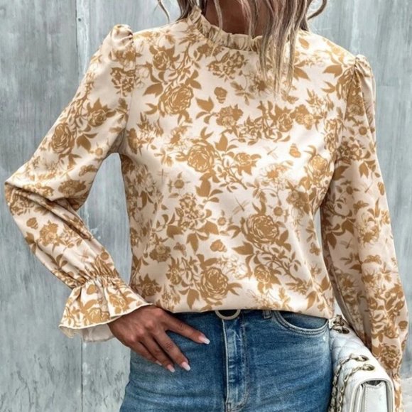 Boho floral long flounced sleeved Blouse top tan - Picture 3 of 6
